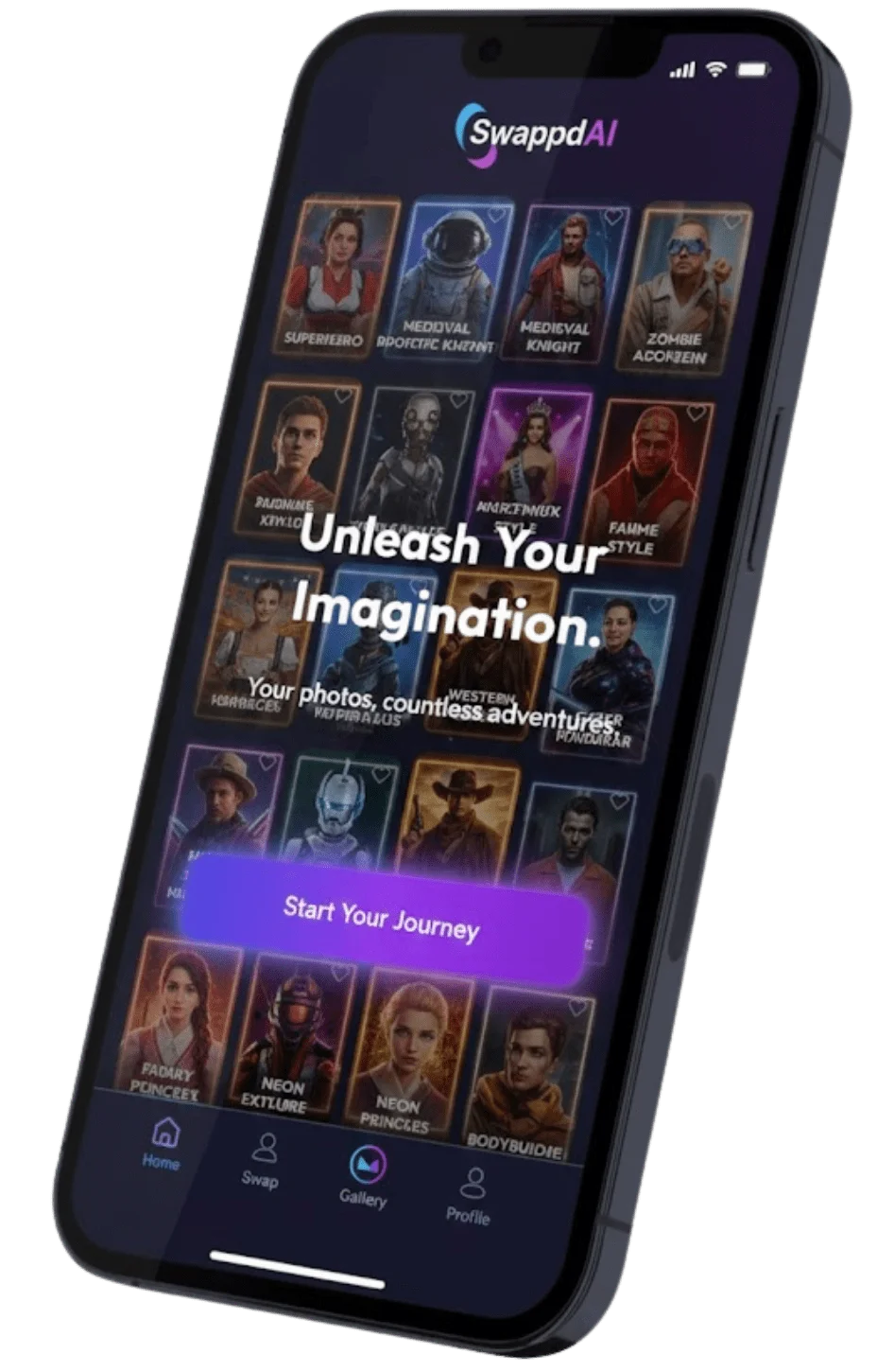 SwappdAI App Screenshot with different Fun Card Characters - Unleash Your Imagination